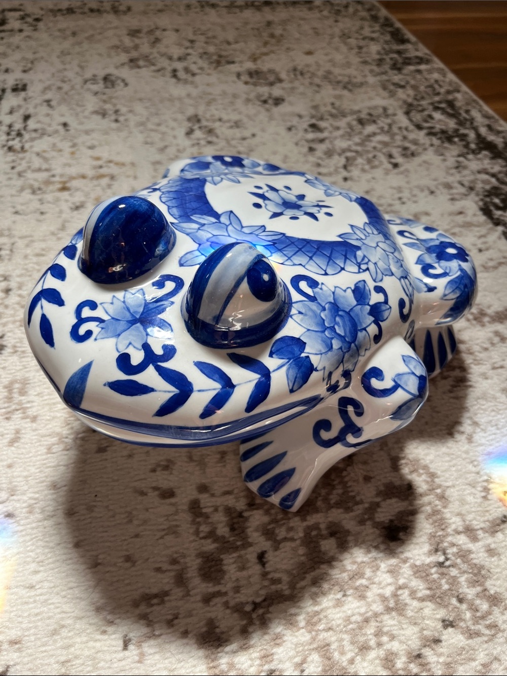 💫Large 12” Blue White Ceramic Frog Figurine Chinoiserie Floral Home Decor